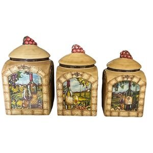 Certified International Wine Canister Set 3pc Tan Good Tuscan Vineyard Grapes